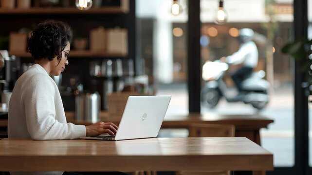 Freelancer Working in a Coffee Shop with Delivery Rider Outside