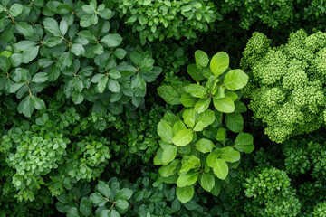 vibrant close up of lush green foliage showcasing various leaf shapes and textures, creating serene natural atmosphere
