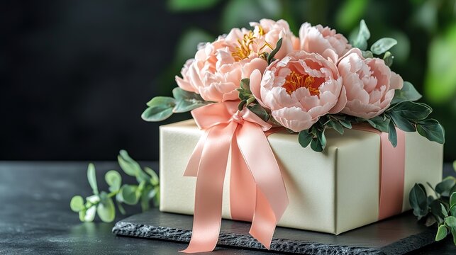 A light yellow gift box adorned with pink peonies and a ribbon, creating an elegant and charming visual, perfect for gift - giving, celebration, and floral - themed visuals.