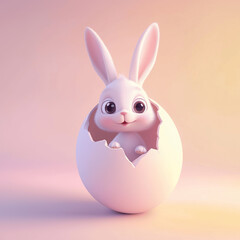 A 3D-rendered, animated-style bunny peeking out from inside a cracked giant Easter egg.