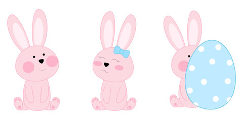 Easter characters bunny. Cute rabbits pink colors in different positions. Vector illustration isolated on white background for banners, card, social media