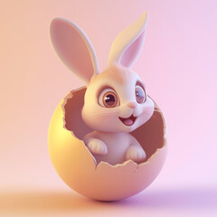 A 3D-rendered, animated-style bunny peeking out from inside a cracked giant Easter egg.