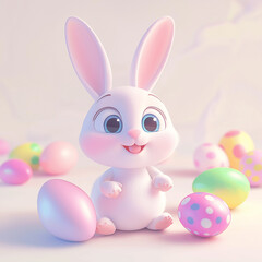 A 3D-rendered, ultra-clean and smooth animated-style bunny sitting next to colorful pastel Easter eggs
