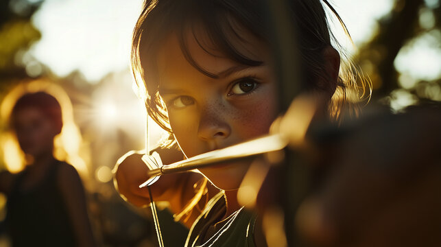 A young girl practicing archery outdoors, drawing her bow with intense focus as the golden sunlight highlights her determined expression. Image made using Generative AI.