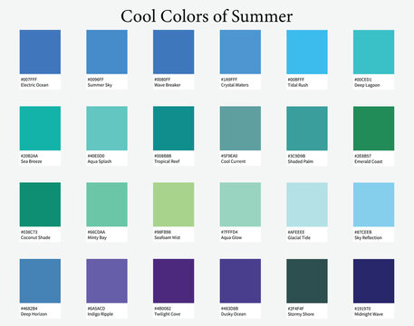 Color Palettes 24 Cool Shades of Summer - Blue, Green, Purple Colors - with HEX Codes and Names, Colour Scheme and Combinations