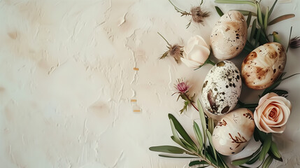A beautifully crafted mockup of an Easter greeting card with a watercolor floral design, hand-painted eggs, and elegant calligraphy. Soft, artistic textures, customizable space for p