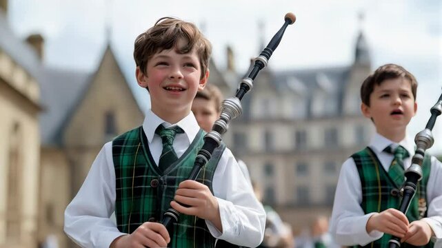 Young bagpipers in traditional Scottish dress Celebrating culture and music together Scottish heritage
