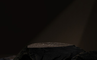 Rock stone podium stand display product on brown wall concrete room background, Studio Background...