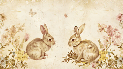 A collection of vintage-style Easter postcards with retro bunny illustrations, ornate floral borders,