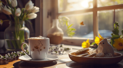 A cozy caf&eacute; scene featuring a white ceramic coffee mug with bunny-shaped latte art, a plate of Easter-themed cookies, and a pastel floral arrangement..png