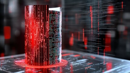 A computer monitor shows a red and black image of a computer tower with a red