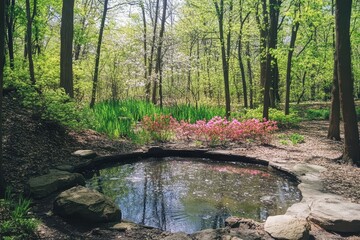 Obraz premium A photo capturing a small pond in the midst of a wooded area enclosed by lush trees and vibrant flowers Japanese garden in full bloom during spring .