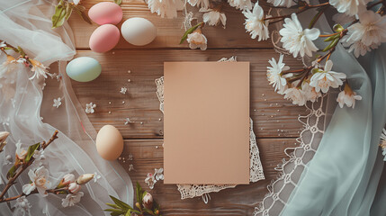 A high-quality mockup of an Easter greeting card placed on a rustic wooden table, surrounded by spring flowers, pastel-colored eggs, and delicate lace fabric..png