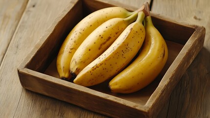 Fresh bananas in wooden crate on rustic table (1)
