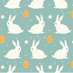 A modern Easter pattern featuring minimalist bunnies and decorative eggs, arranged in a stylish polka dot design on a warm pastel blue background. Sleek, seamless, and elegant, hd quality, natural loo
