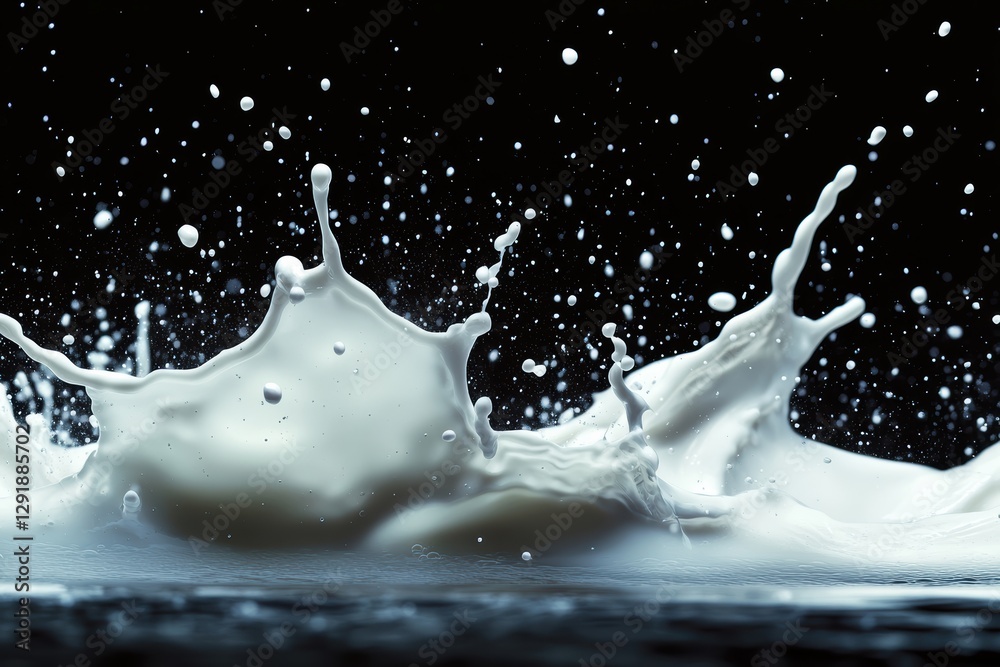 Poster dynamic splash of liquid creating an artistic visual display in a dark setting