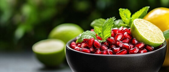 pomegranate seeds in a bowl with mint leaves and citrus fruits