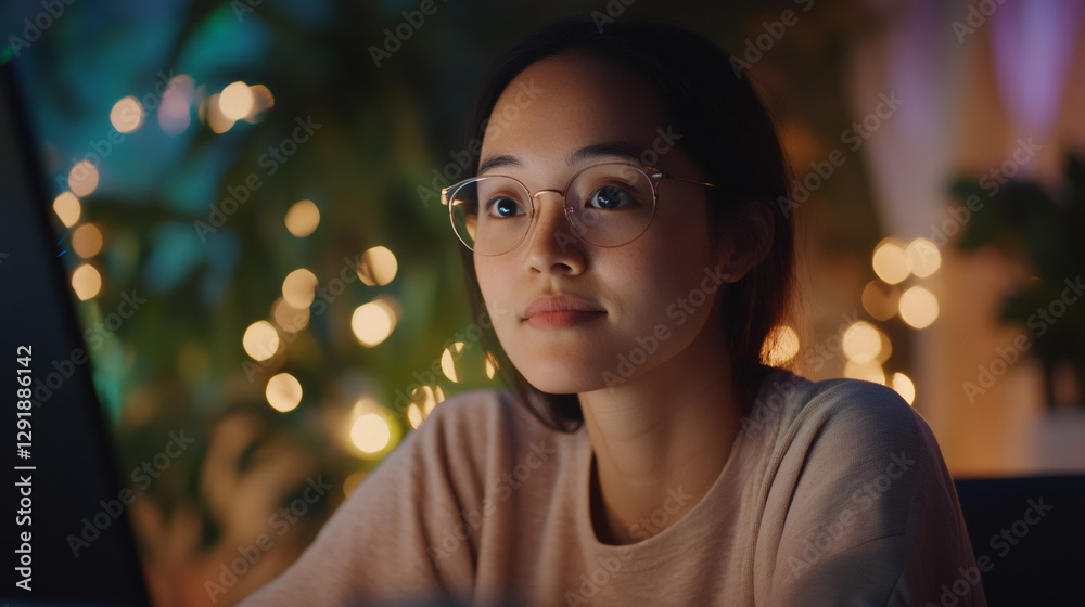 Aufkleber concentrated professional typing on laptop, late-night remote work setting with soft illumination bl