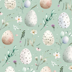 A seamless Easter pattern with minimalist, hand-drawn eggs and spring florals on a pastel mint green background. Soft watercolor effect, subtle polka dot accents, modern and elegant, airy aesthetic, h