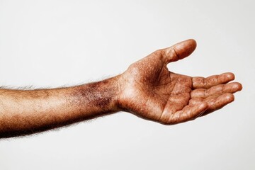 Graphic layout featuring a hand reaching out against a neutral background