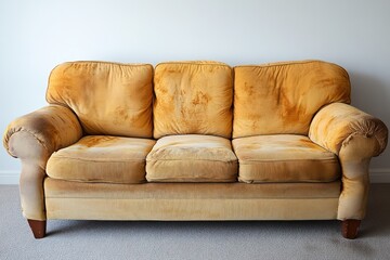 old worn-out yellow sofa with visible stains and faded upholstery against plain white wall. vintage furniture. interior design, home staging, retro theme.