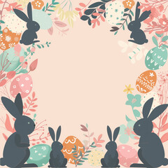 A trendy Easter social media frame with a blank central space, surrounded by modern flat-design bunny silhouettes, decorated eggs, and a floral wreath. 3.png