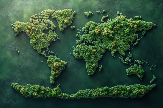 Creative graphic layout showcasing a world map made of lush greenery and trees - Powered by Adobe