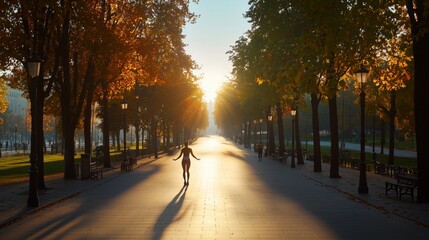 A lone jogger enjoys a peaceful morning run in a sunlit, autumnal park, surrounded by trees dressed in golden hues.