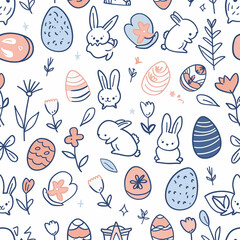 PDF - A seamless Easter icon pattern, featuring minimalist hand-drawn symbols of bunnies, flowers, and Easter eggs.