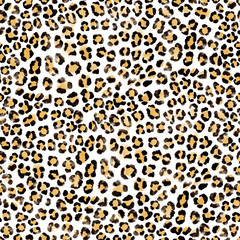 Leopard print pattern showcasing bold black and golden spots on a white background for fashion and design applications