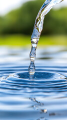 close up of water ripples with clear droplet creating waves, evoking tranquility