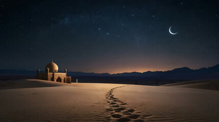 Majestic Mosque Under Crescent Moon, Ramadan Kareem Islamic Nightscape & Spiritual Serenity generated ai