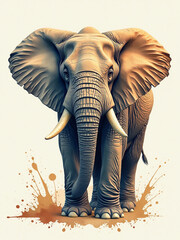 A stunning digital illustration of a majestic elephant with intricate details, standing against a creative watercolor splash background. Perfect for wildlife, nature, and artistic-themed designs