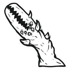Hand drawn vector illustration of a terrifying sand monster with numerous fangs, multiple eyes, and a large mouth