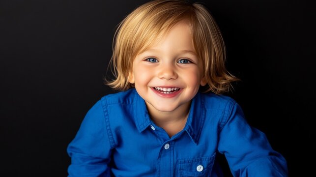 Young boy with blonde hair and bright blue eyes smiles in a blue shirt against a dark background