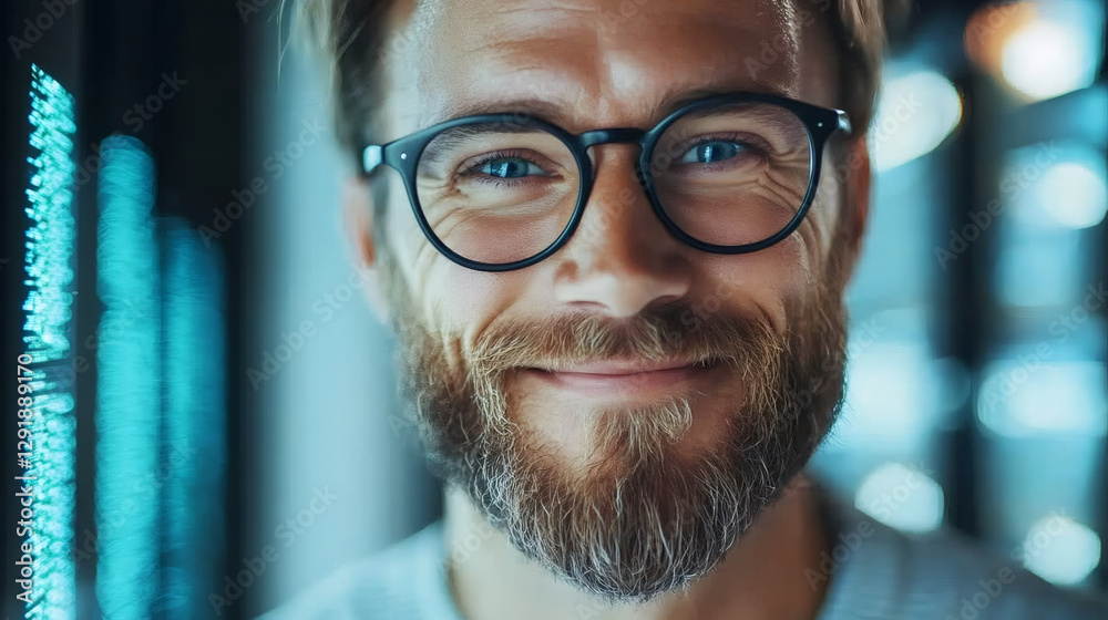 Poster professional it engineer smiling while working near large data servers in modern technology hub