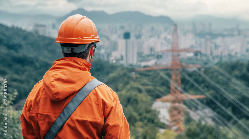 Poster electrical engineer in orange safety gear checking high-voltage power lines from forested hilltop wi