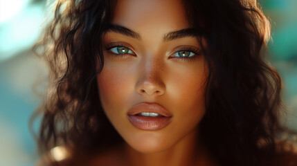 portrait of a stunning model with curly dark hair and striking blue eyes, perfect for beauty, fashion, and high-end commercial photography