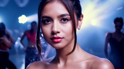 Young beautiful woman dancing sensually in a night club. Close-up portrait. A stunning shot of the dancer, radiating allure and confidence.