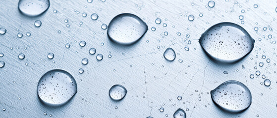 Close up of water droplets on metallic surface, showcasing texture and clarity