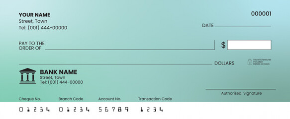 Blank check template, bank cheque vector, customizable design, printable layout, financial document illustration.