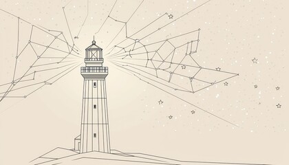 Minimalist line art a lighthouse under a starry sky, with geometric shapes forming the beams and stars