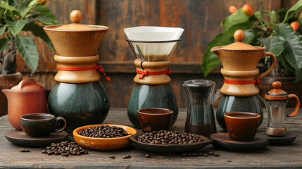 Ceramic coffee brewing set on wooden table