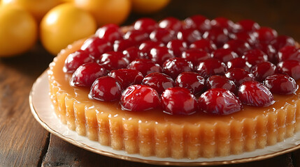 Cherry Tart on Wooden Table with Oranges
