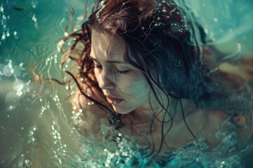 Girl submerged in water with sunlight creating reflections during a peaceful moment in summer