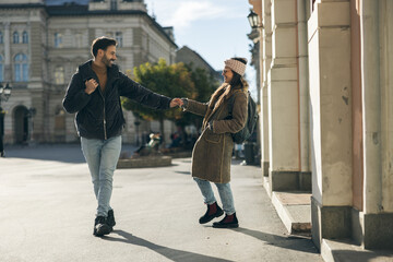 Tourist Couple Happily Walking In City