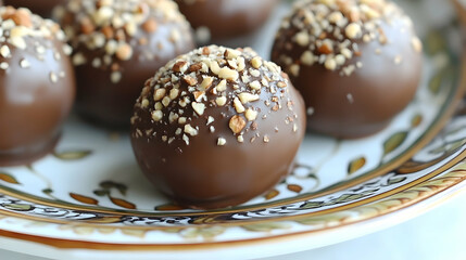 Obraz premium Chocolate almond truffles on ornate plate