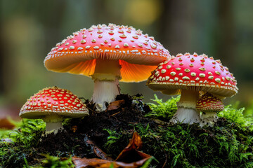 Fototapeta premium Red and White Spotted Mushrooms in a Mystical Woodland