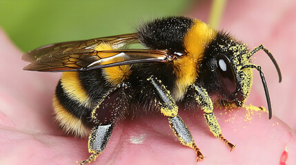 Close-up of bumblebee on hand covered in pollen