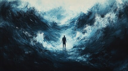 Solitary Figure Facing Turbulent Stormy Sea with Ethereal Light in Background